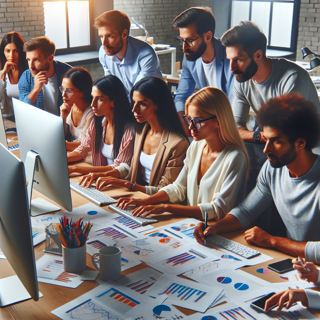 Image d'une équipe de professionnels du marketing digital en Belgique travaillant sur un projet avec des graphes et des ordinateurs.
