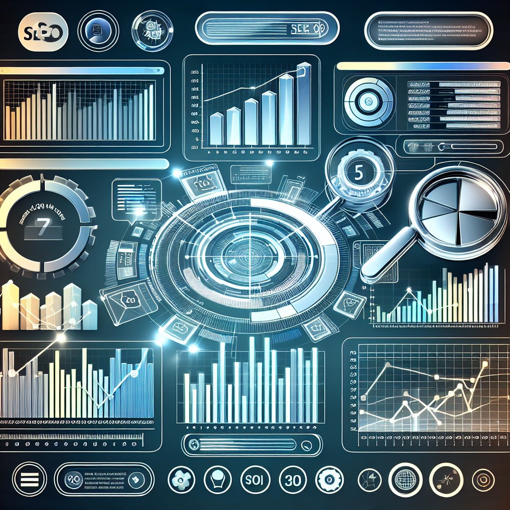 Une illustration moderne représentant une variété d'outils d'analyse de mots-clés, avec des graphes et des statistiques, symbolisant l'optimisation SEO.