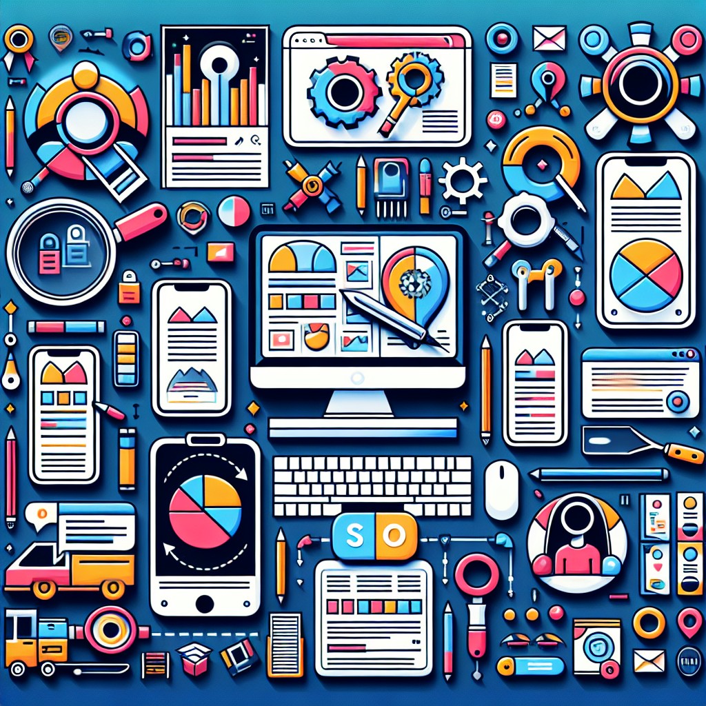 Vue d'ensemble d'outils d'analyse de mots-clés sur différents écrans d'ordinateur et de smartphone, représentant divers aspects de SEO.