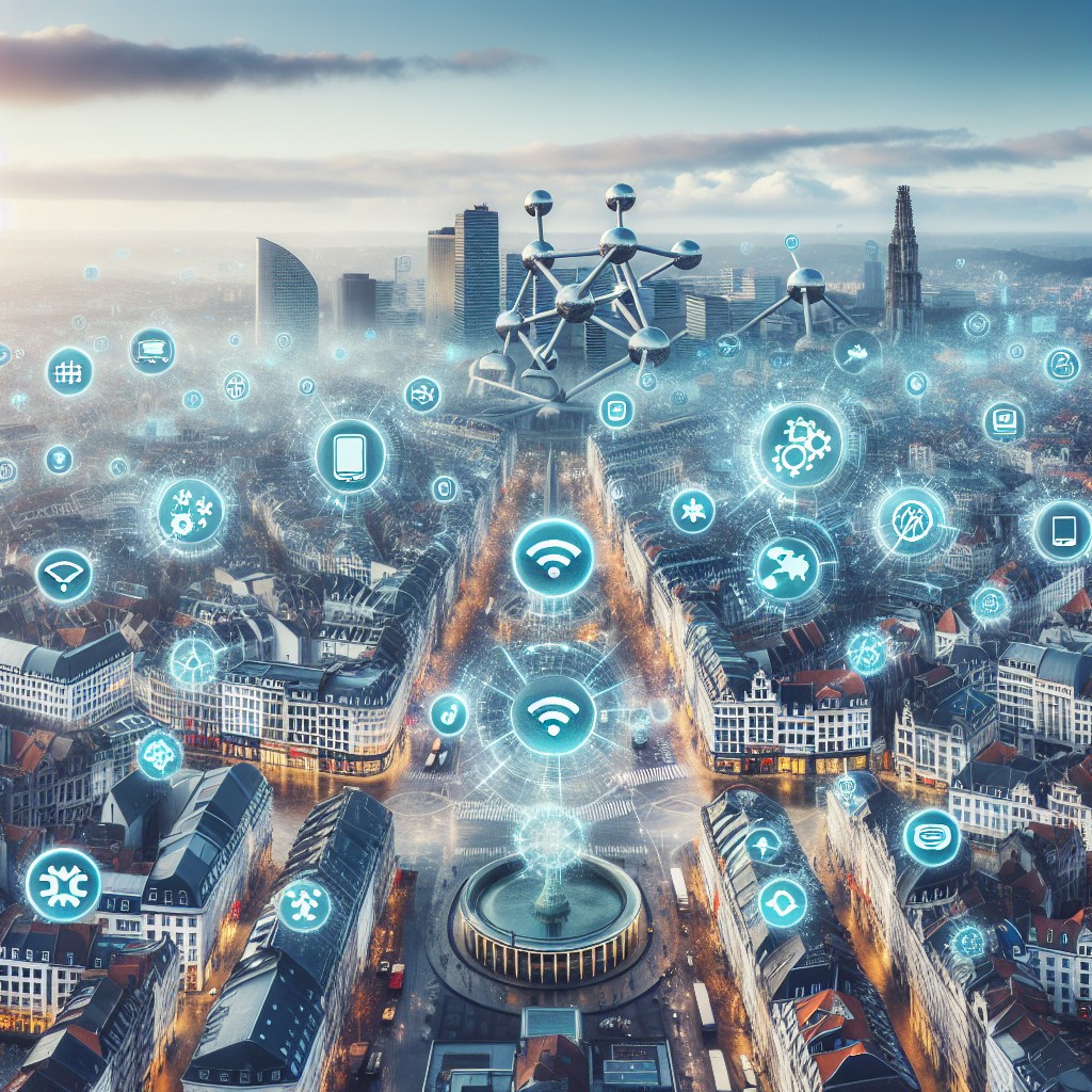 Vue aérienne de Bruxelles avec des icônes numériques flottant pour représenter la transformation technologique.