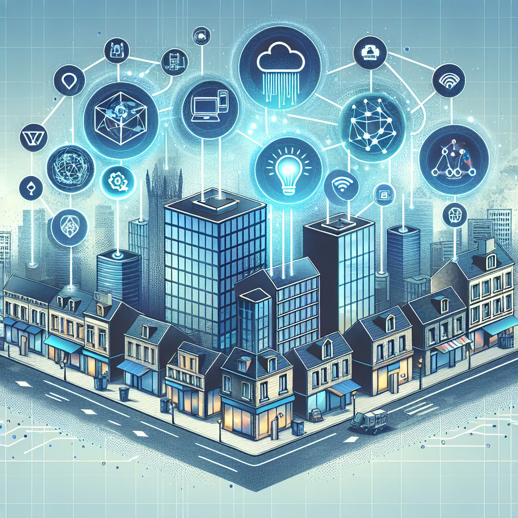 Illustration représentant la transformation digitale en Wallonie avec des icônes de technologie et des entreprises connectées