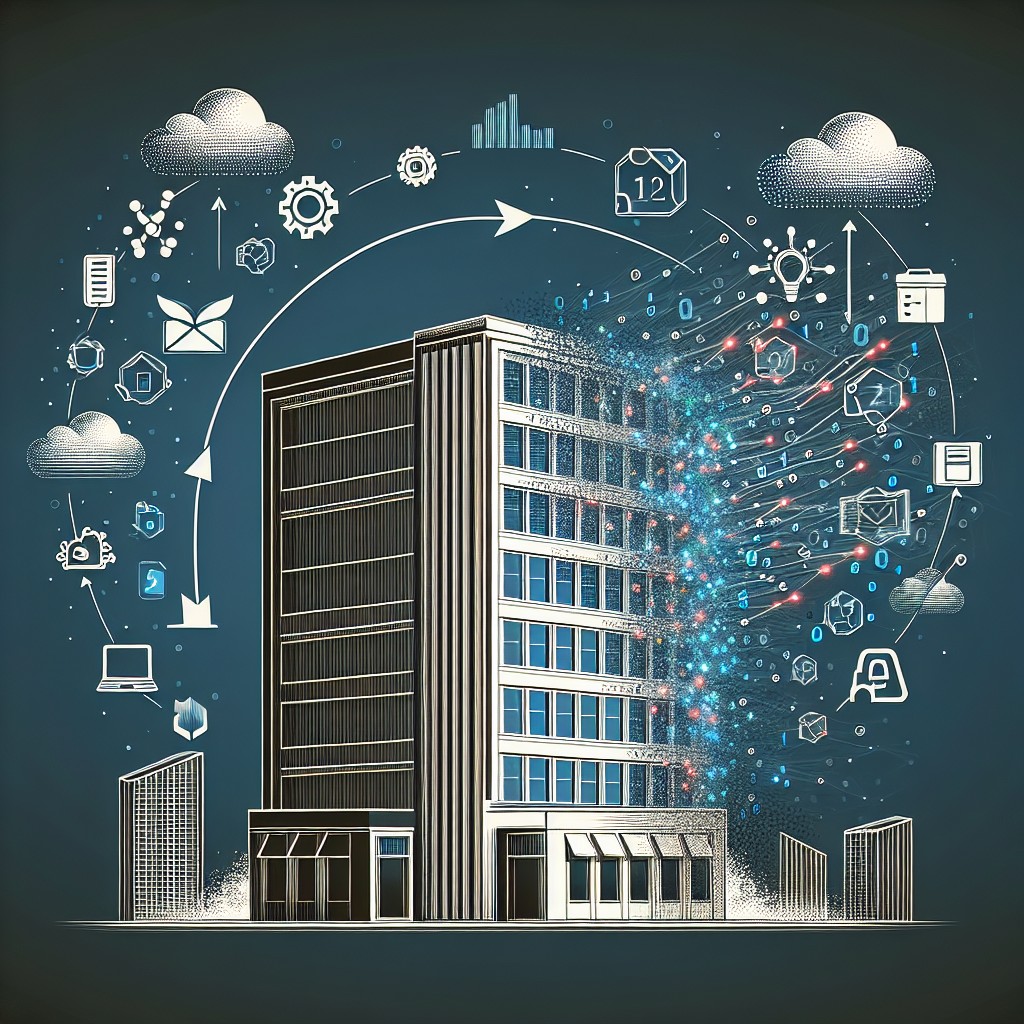 Illustration d'une entreprise évoluant vers la transformation digitale avec des icônes technologiques.
