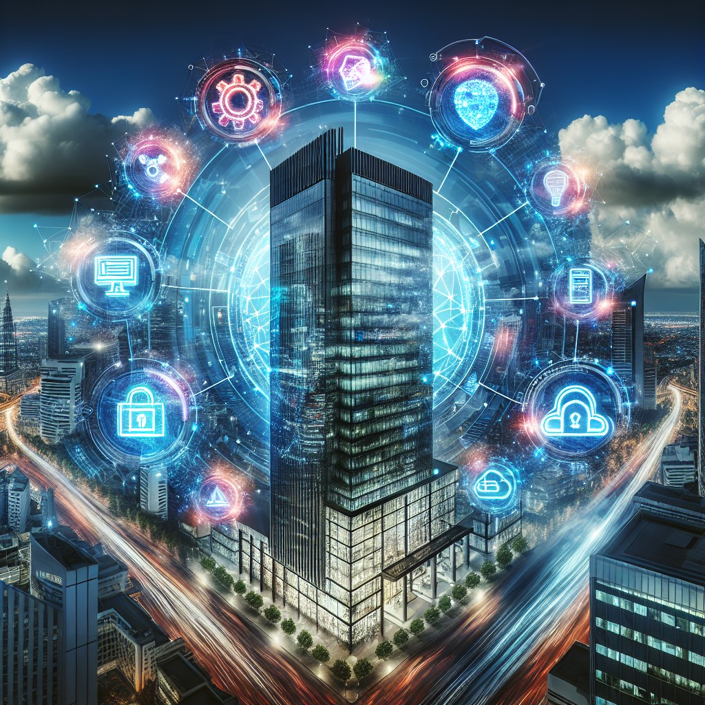 Une entreprise dynamique entourée de symboles digitaux représentant l'innovation technologique.