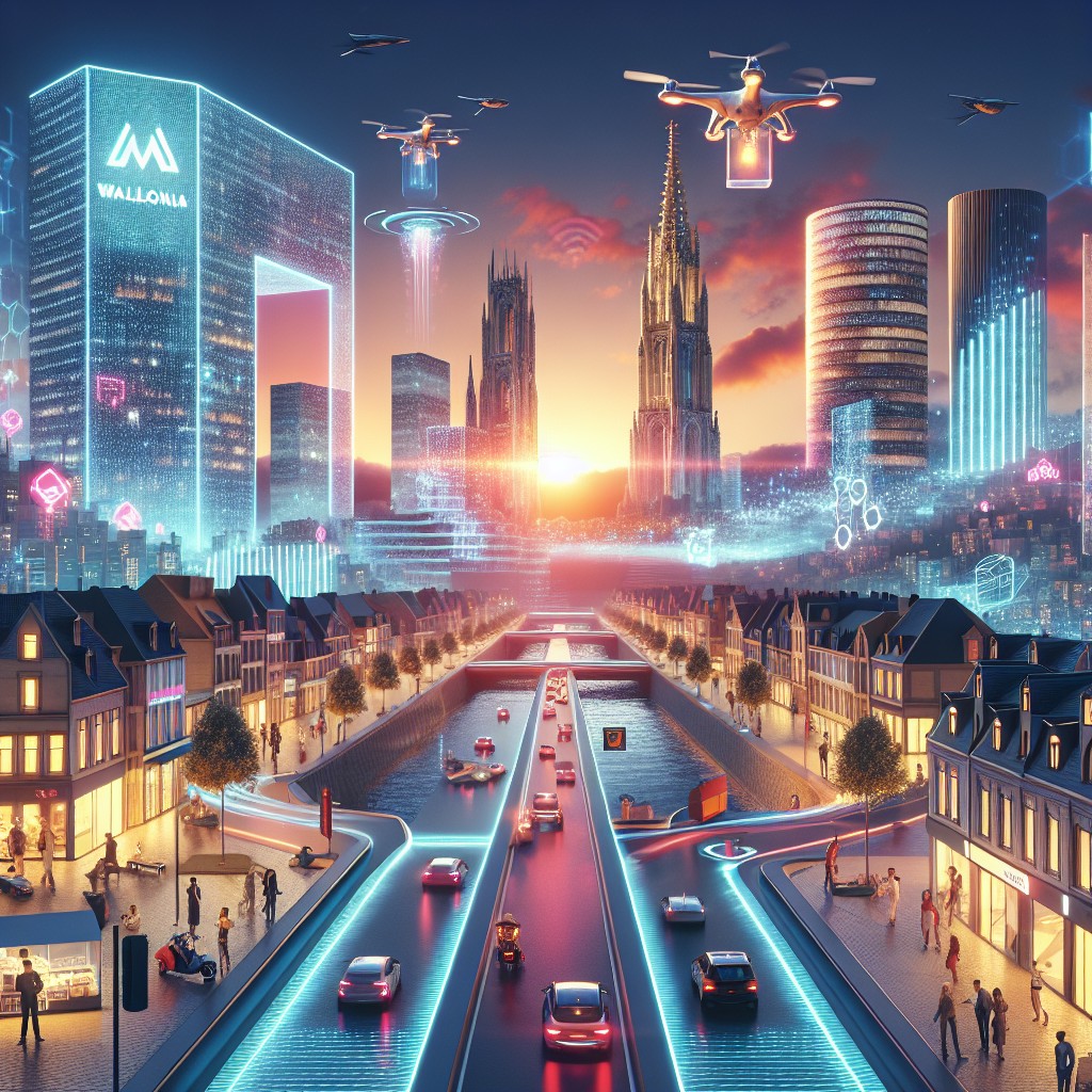 Vue futuriste de la Wallonie en pleine révolution numérique, illustrant la croissance et l'innovation économique.