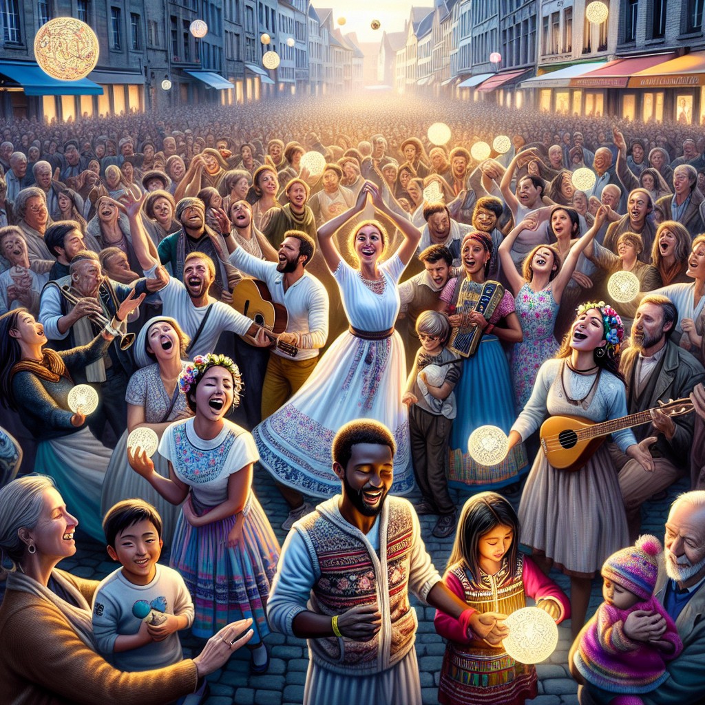 Image captivante de festivités culturelles en Wallonie, avec des foules joyeuses et des spectacles divers.