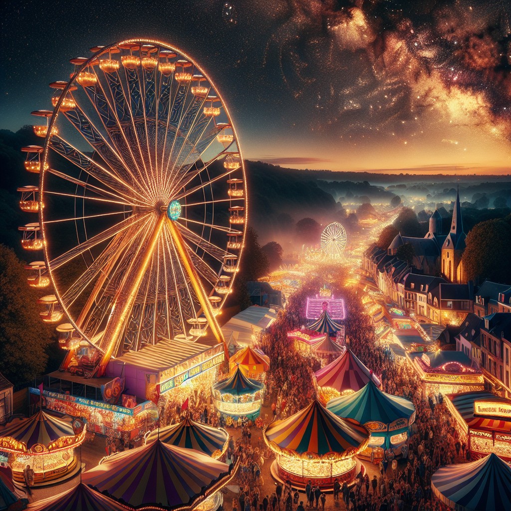 Image d'une fête foraine colorée en Wallonie avec une grande roue éclairée sous le ciel nocturne.