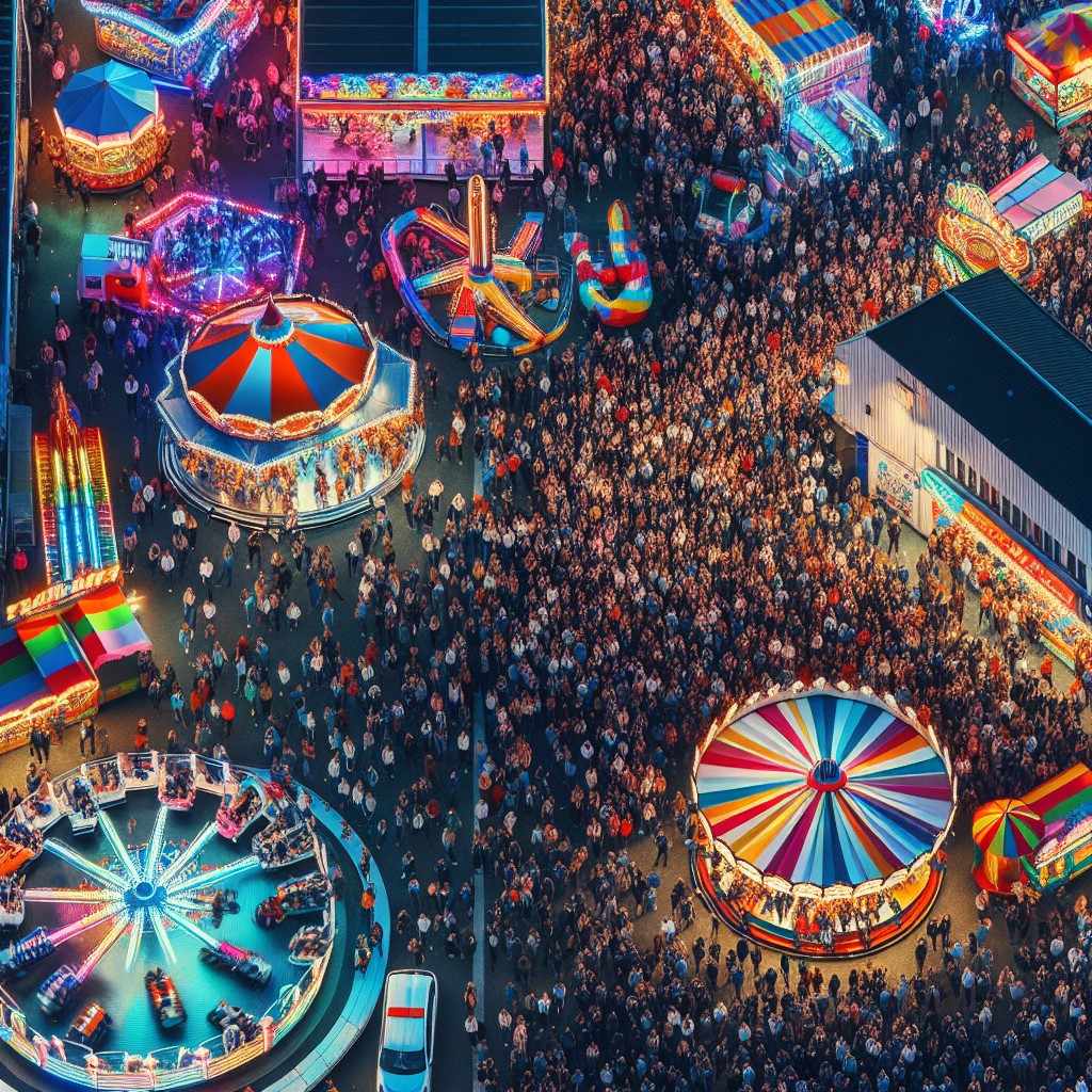 Vue aérienne d'une fête foraine animée en Wallonie, avec manèges colorés et foule joyeuse.