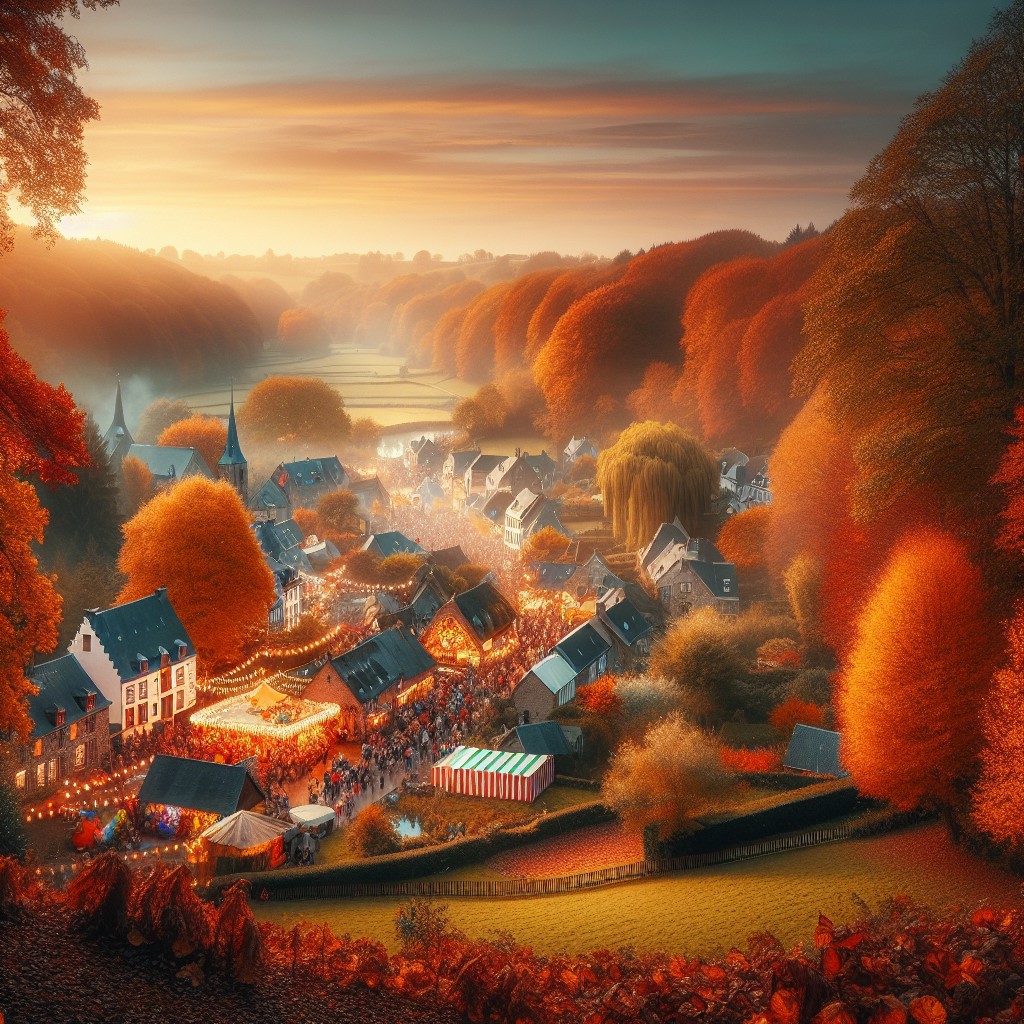 Paysage automnal enchanteur de la Wallonie avec festivités et couleurs vives.
