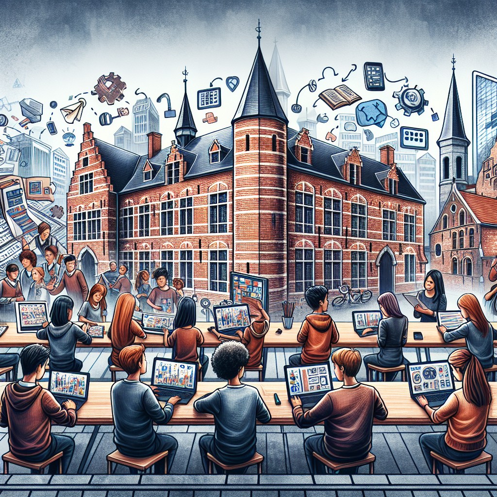Image illustrant la transformation numérique dans une école wallonne, incluant des élèves interagissant avec des technologies modernes.