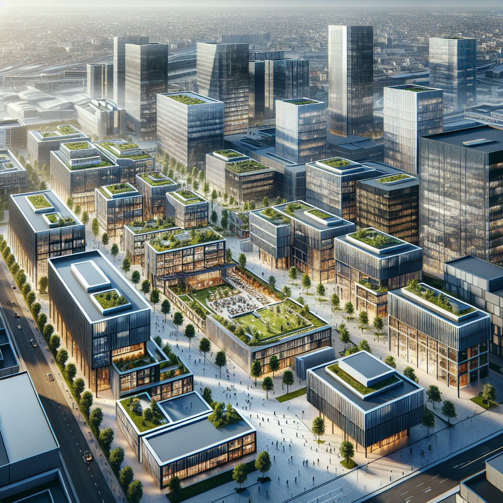 Vue aérienne moderne d'un centre d'incubation de start-ups en Wallonie, illustrant l'environnement dynamique et innovant de la région.